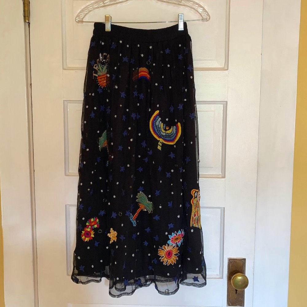 Farm Rio Embroidered + Sequins Tropical Maxi Skirt